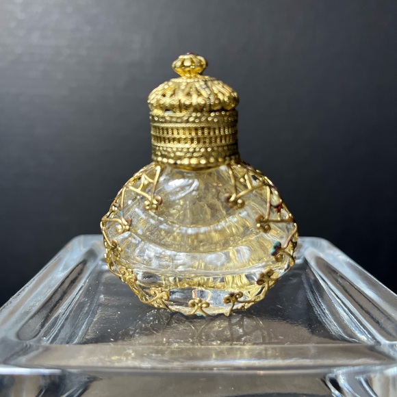 Miniature Czech Jeweled Gold Filigree Perfume Bottle with Dauber - Picture 3 of 9